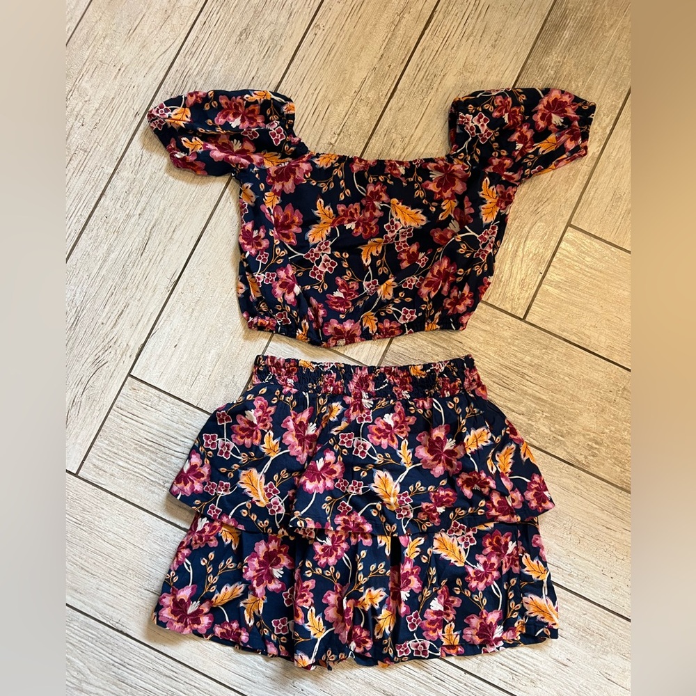 Floral Two-Piece Skirt Set Navy Pink & Yellow Flowers old navy girls 3 for 15
